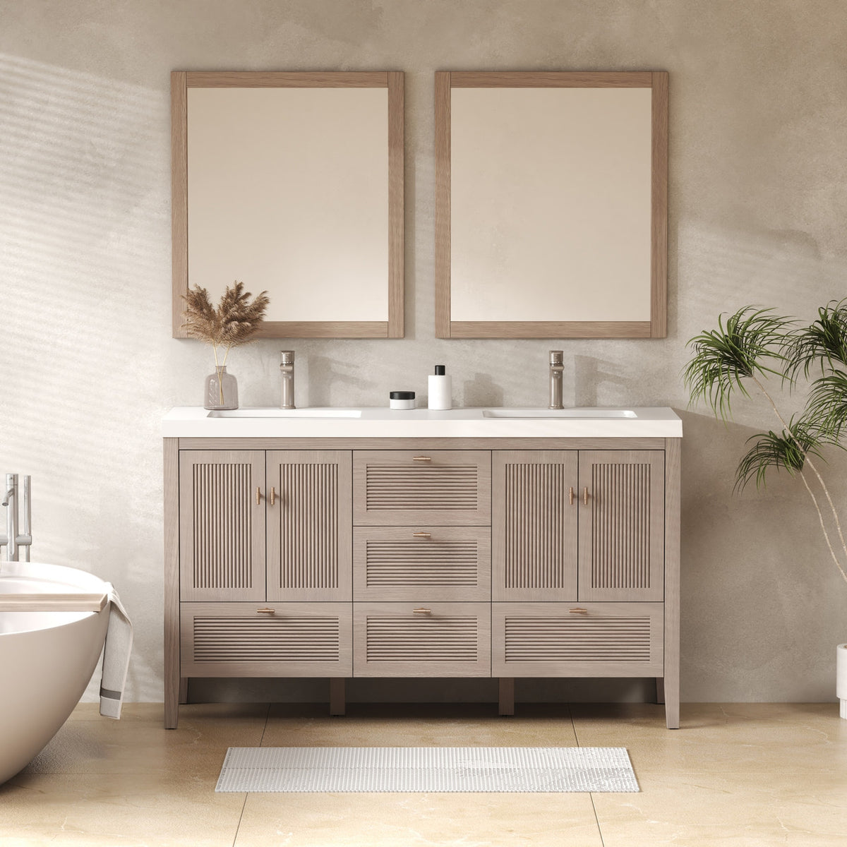 NCS 60 inch louvered freestanding bathroom vanity in White Oak with white reinforced acrylic integrated double sink top