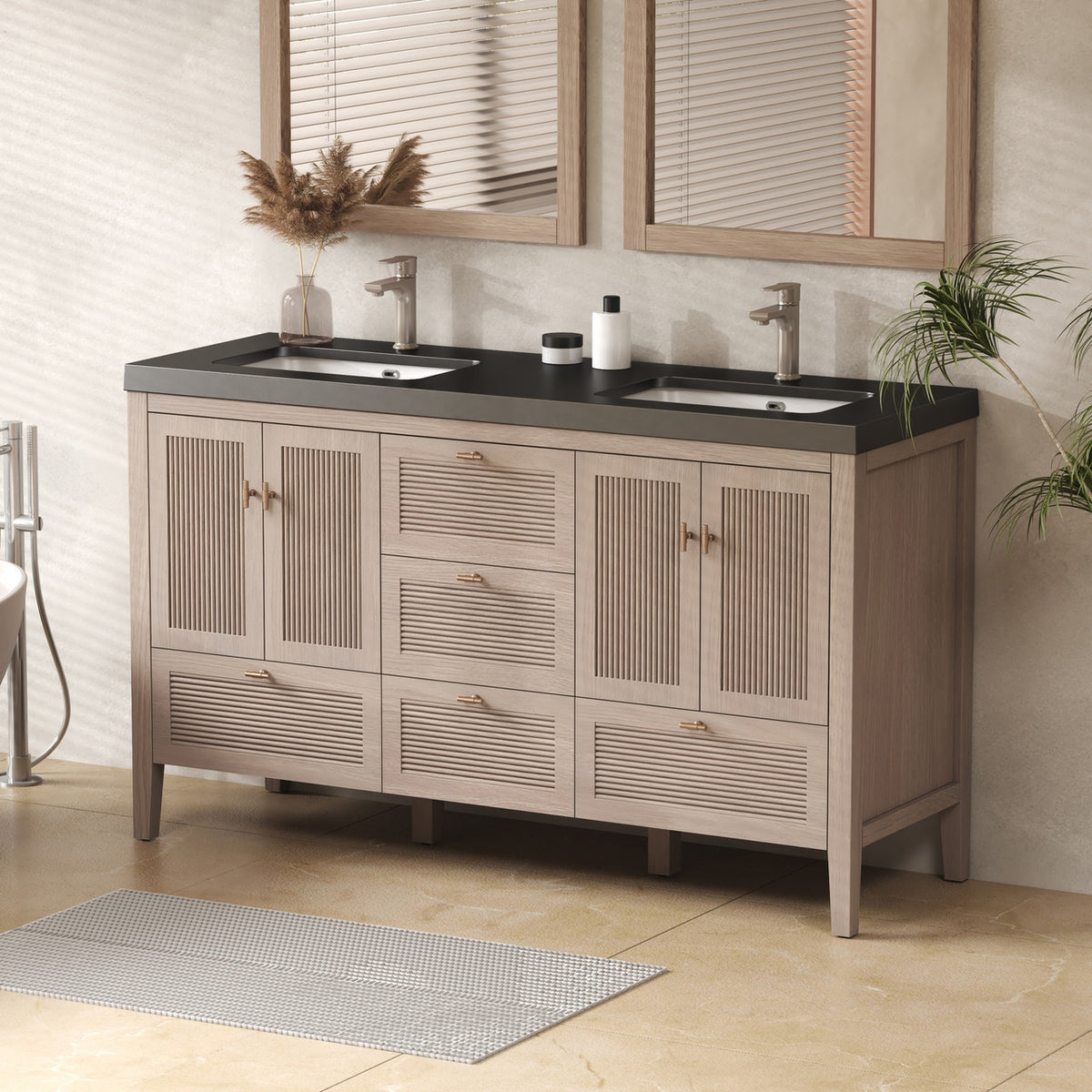 NCS 60 inch louvered freestanding bathroom vanity in White Oak with black reinforced acrylic integrated double sink top
