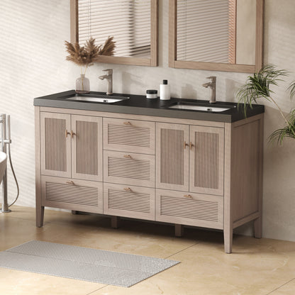 NCS 60 inch louvered freestanding bathroom vanity in White Oak with black reinforced acrylic integrated double sink top