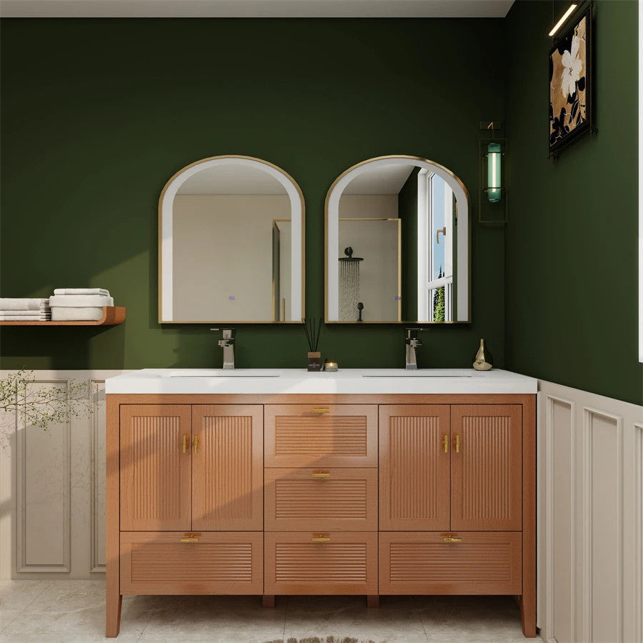 NCS 60 inch louvered freestanding bathroom vanity in Teak Oak with white reinforced acrylic integrated double sink top