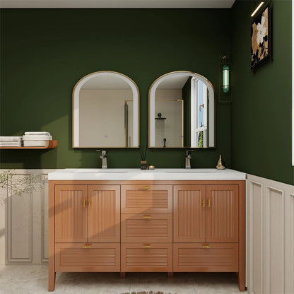 NCS 60 inch louvered freestanding bathroom vanity in Teak Oak with white reinforced acrylic integrated double sink top