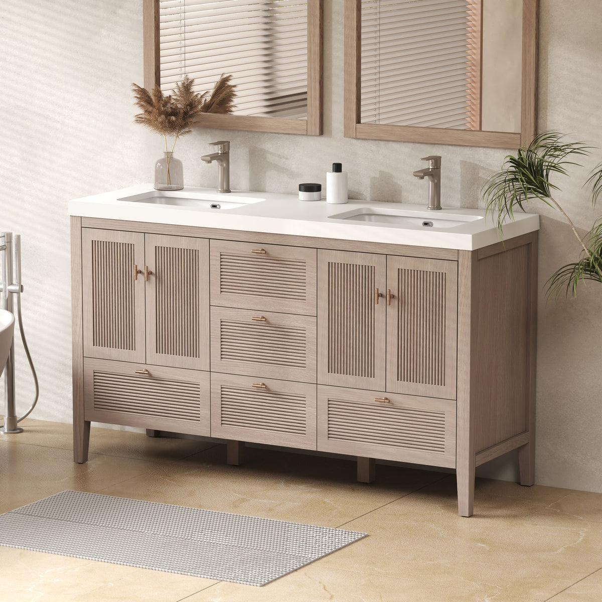 NCS 60 inch louvered freestanding bathroom vanity with reinforced acrylic integrated sink top