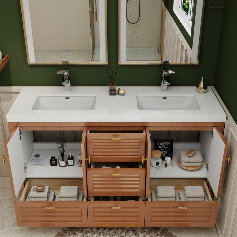 NCS 60 inch louvered freestanding bathroom vanity with reinforced acrylic integrated sink top