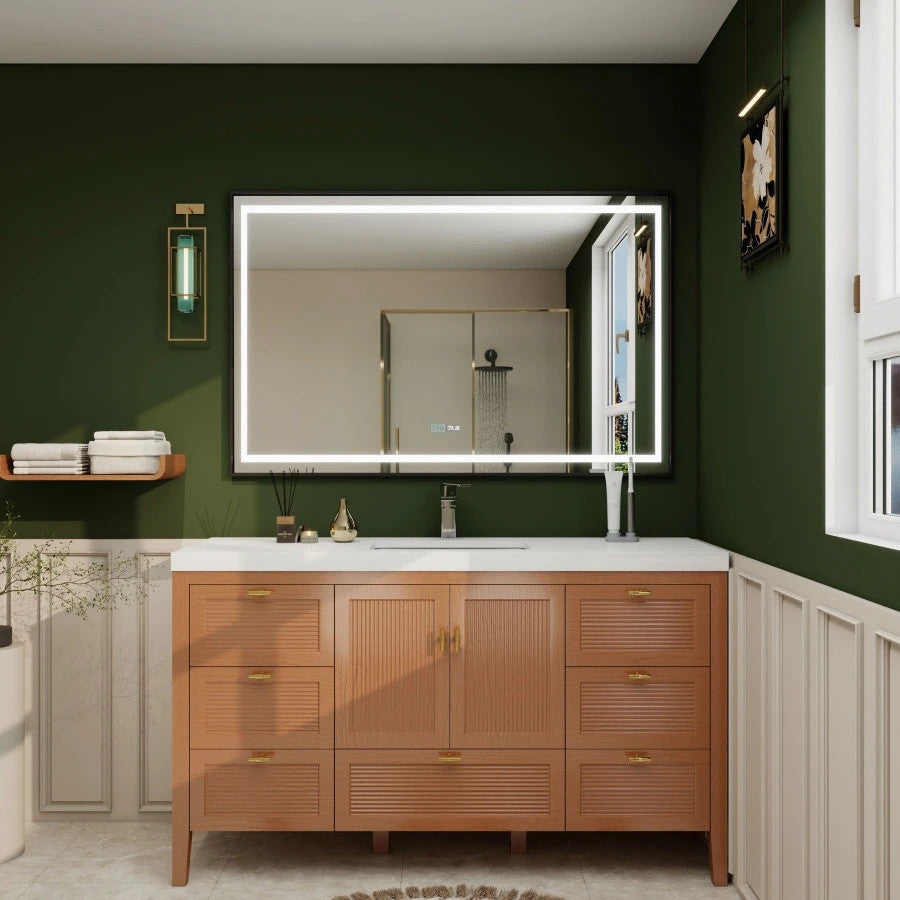 NCS 60 inch louvered freestanding bathroom vanity in Teak Oak with white reinforced acrylic integrated single sink top