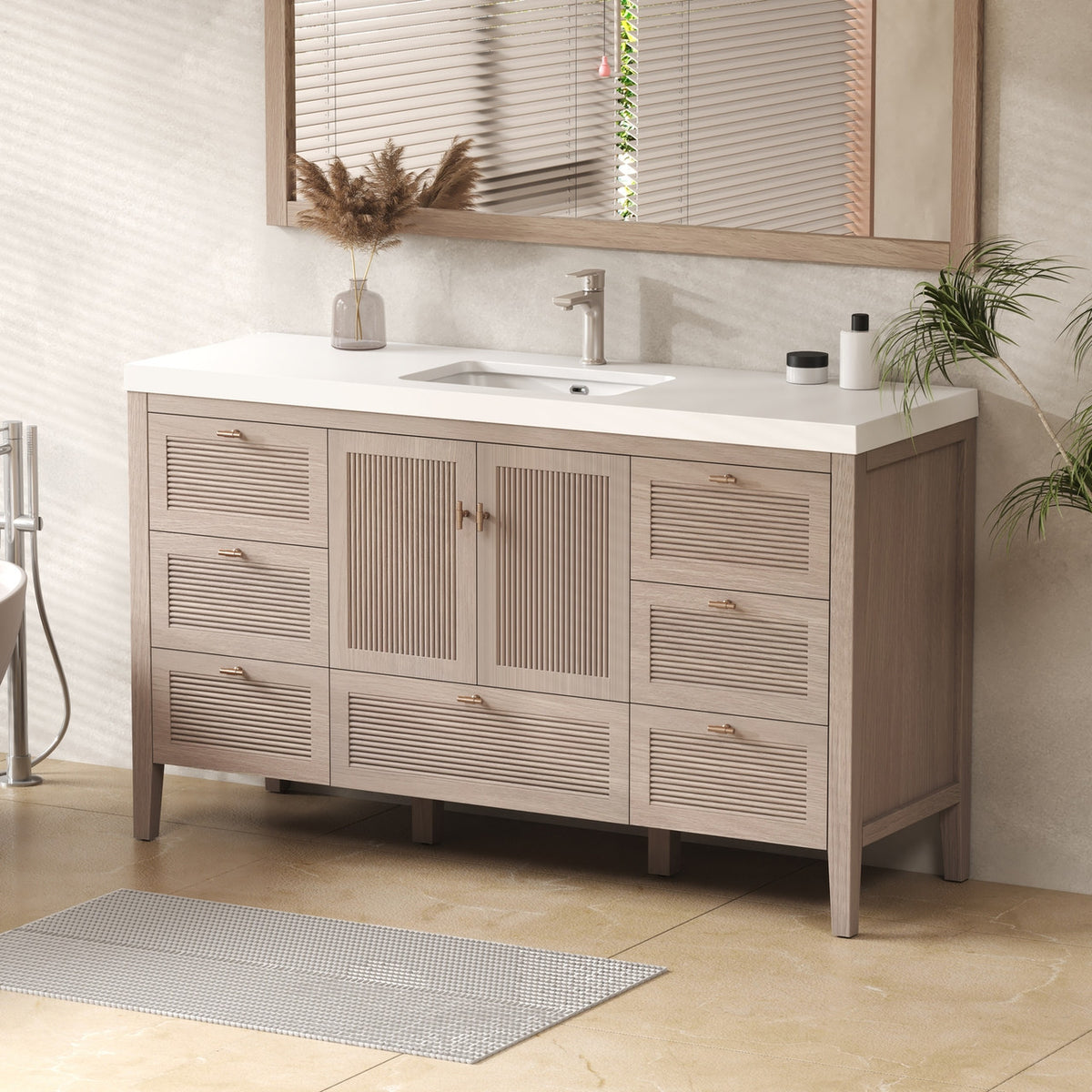 NCS 60 inch louvered freestanding bathroom vanity with reinforced acrylic integrated sink top