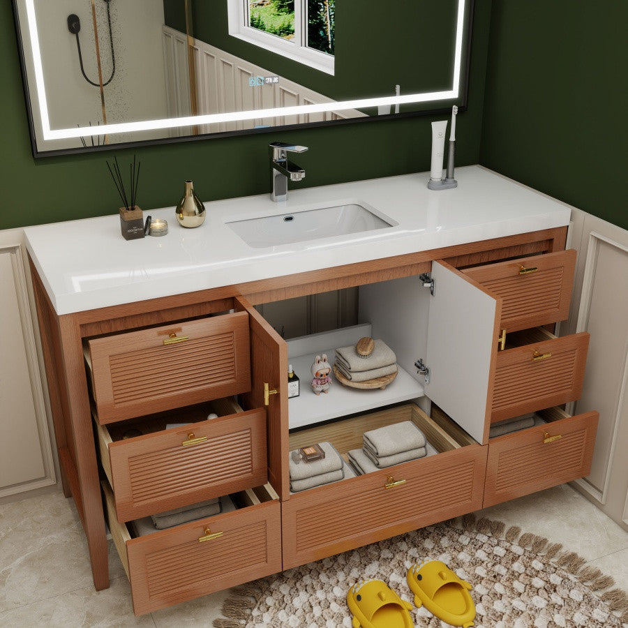 NCS 60 inch louvered freestanding bathroom vanity with reinforced acrylic integrated sink top