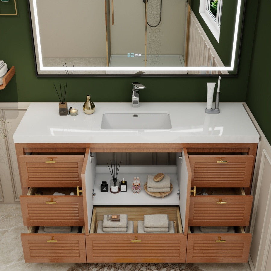 NCS 60 inch louvered freestanding bathroom vanity with reinforced acrylic integrated sink top