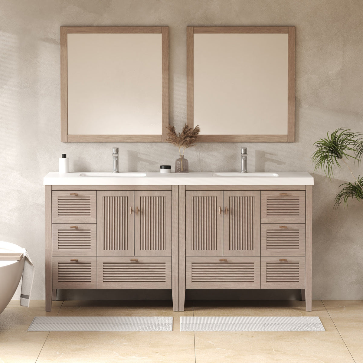 NCS 72 inch louvered freestanding bathroom vanity in White Oak with white reinforced acrylic integrated sink top