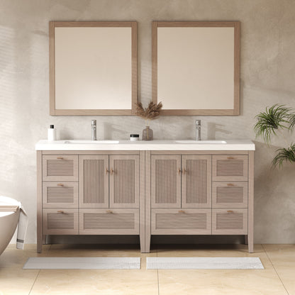 NCS 72 inch louvered freestanding bathroom vanity in White Oak with white reinforced acrylic integrated sink top