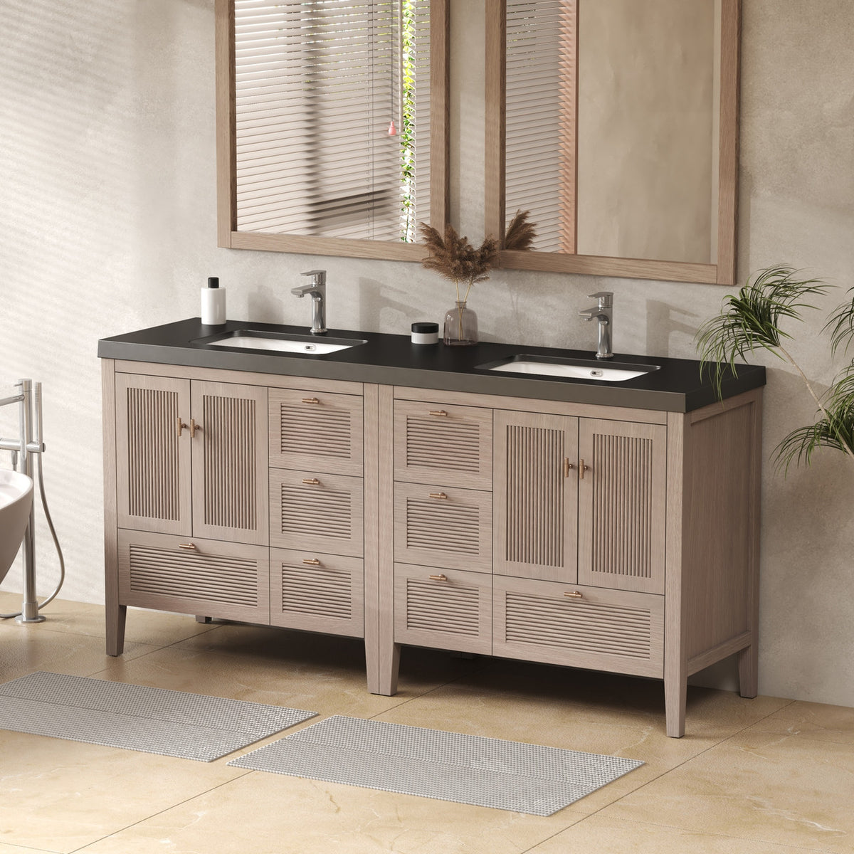 NCS 72 inch louvered freestanding bathroom vanity in White Oak with black reinforced acrylic integrated sink top