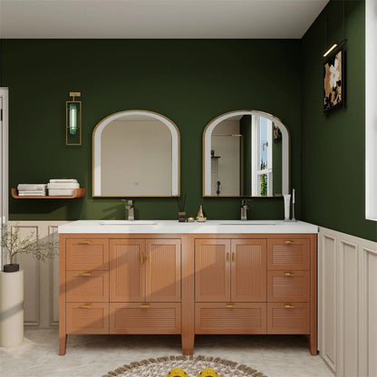 NCS 72 inch louvered freestanding bathroom vanity in Teak Oak with white reinforced acrylic integrated sink top