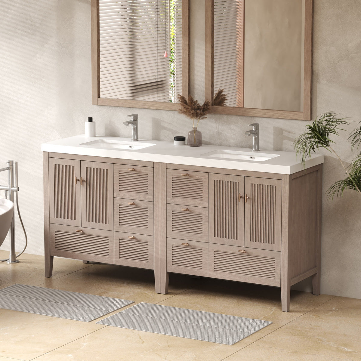 NCS 72 inch louvered freestanding bathroom vanity with reinforced acrylic integrated sink top