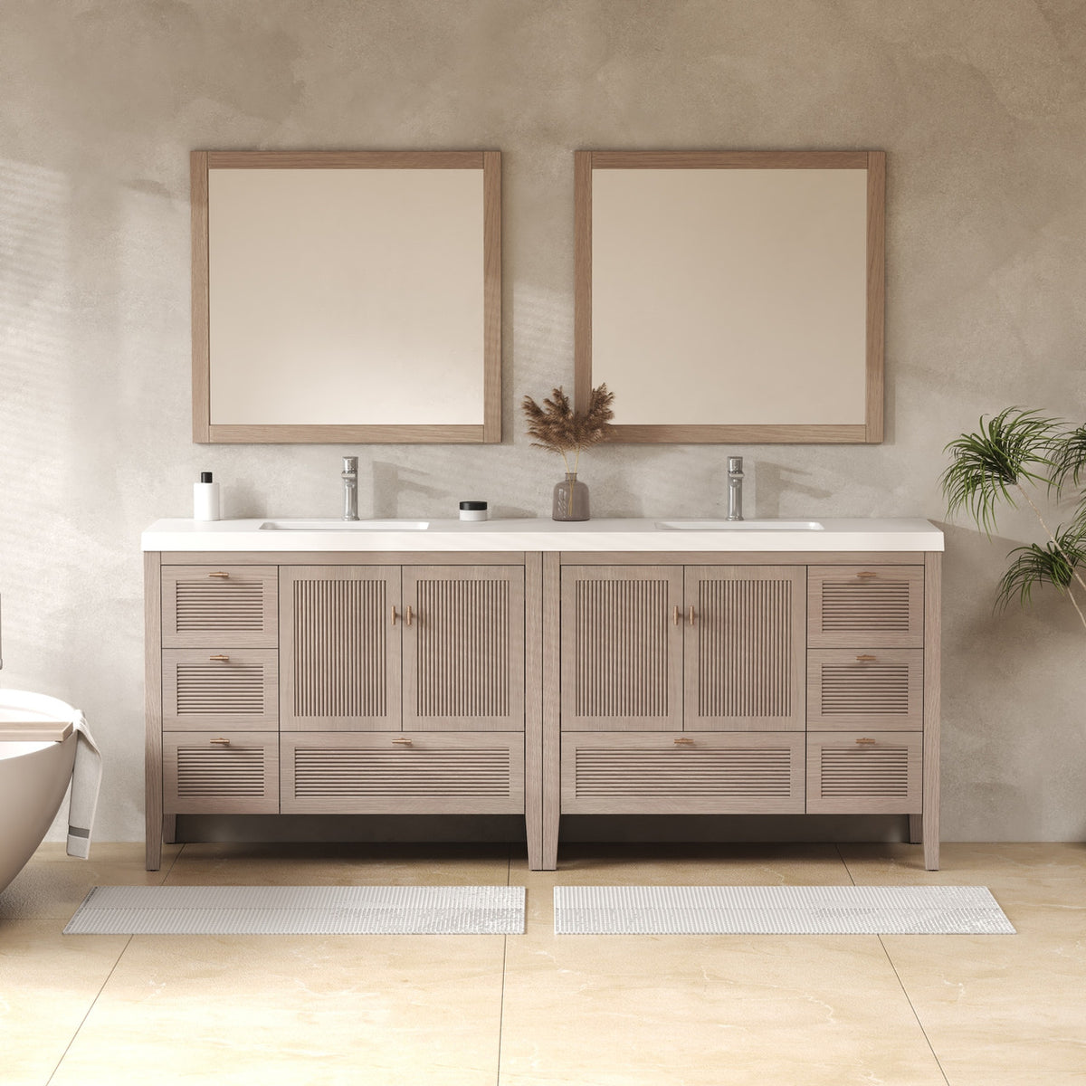 NCS 84 inch louvered freestanding bathroom vanity in White Oak with white reinforced acrylic integrated sink top