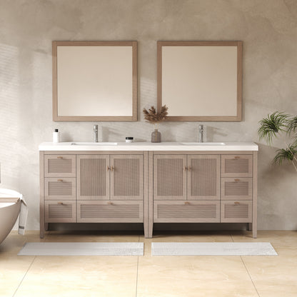 NCS 84 inch louvered freestanding bathroom vanity in White Oak with white reinforced acrylic integrated sink top