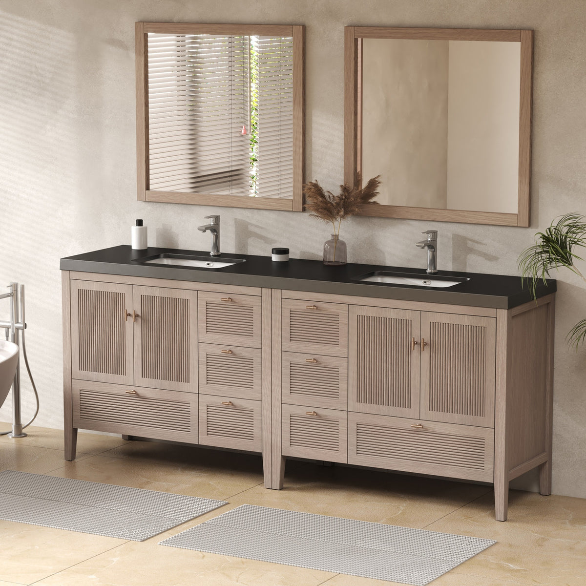 NCS 84 inch louvered freestanding bathroom vanity in White Oak with black reinforced acrylic integrated sink top