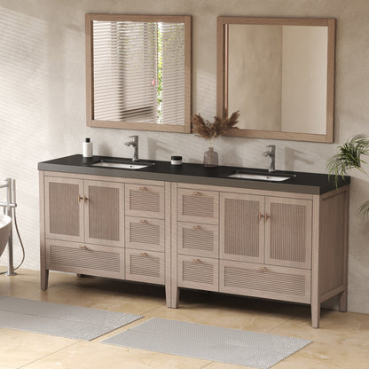 NCS 84 inch louvered freestanding bathroom vanity in White Oak with black reinforced acrylic integrated sink top