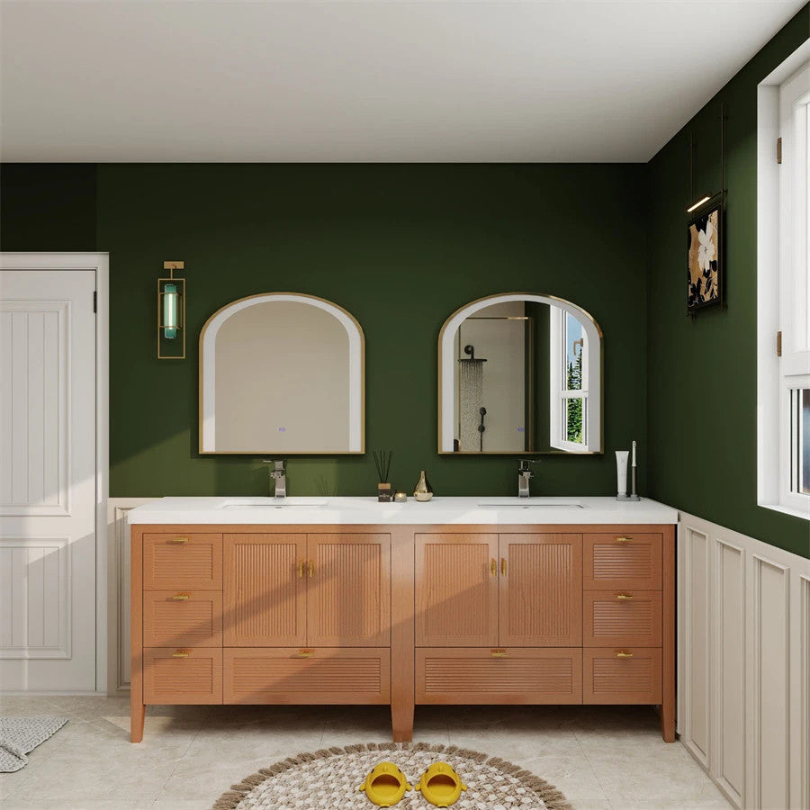 NCS 84 inch louvered freestanding bathroom vanity in Teak Oak with white reinforced acrylic integrated sink top