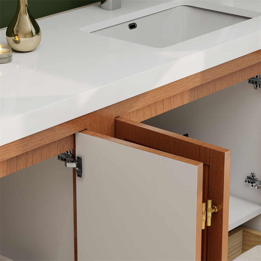 NCS 84 inch louvered freestanding bathroom vanity with reinforced acrylic integrated sink top