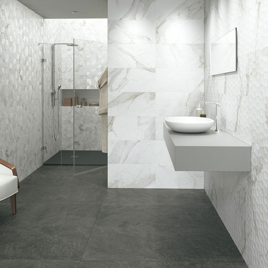 Adella Calacatta ceramic tile shown in a finished room