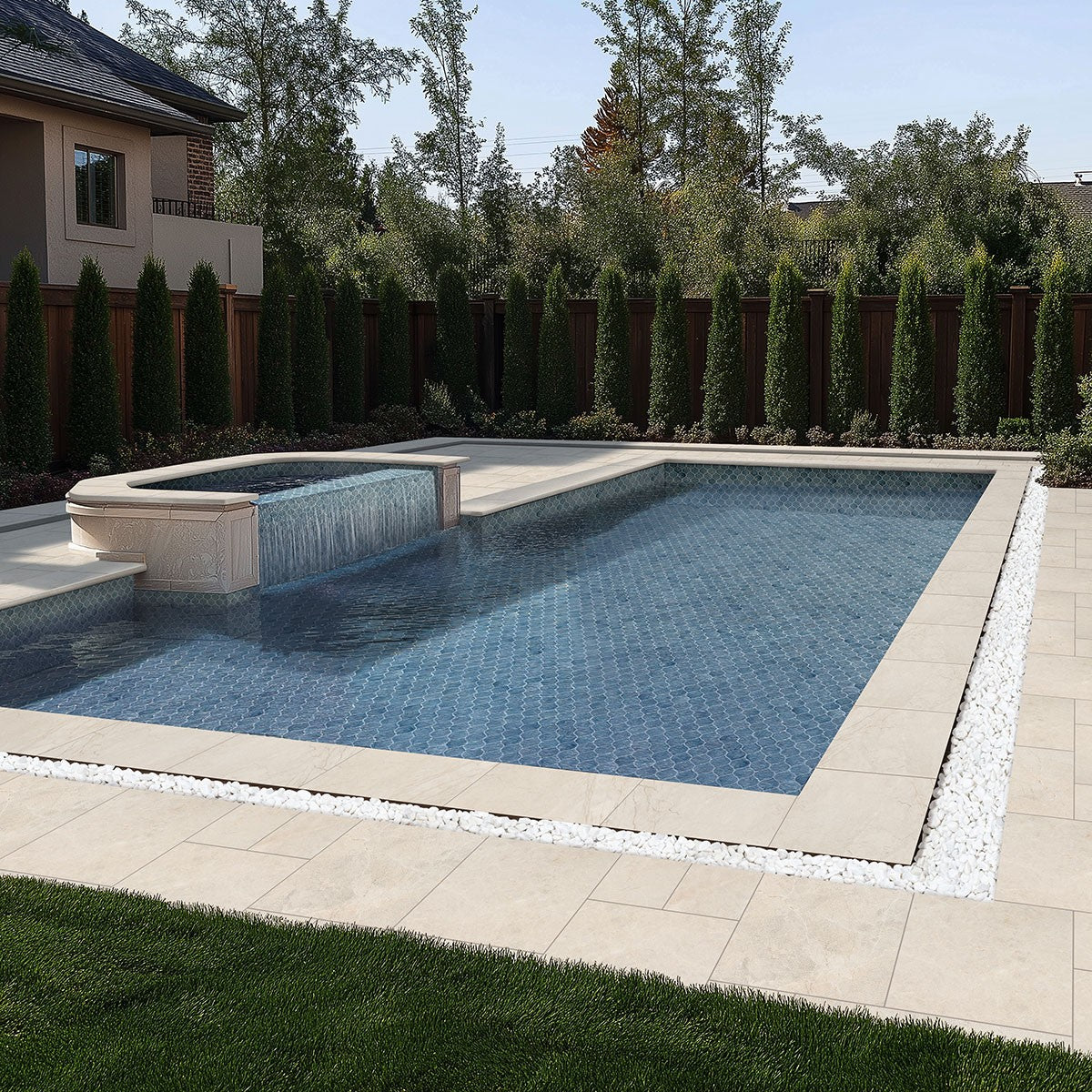 Aegean Pearl Marble Pool Coping shown installed in a finished outdoor or living space