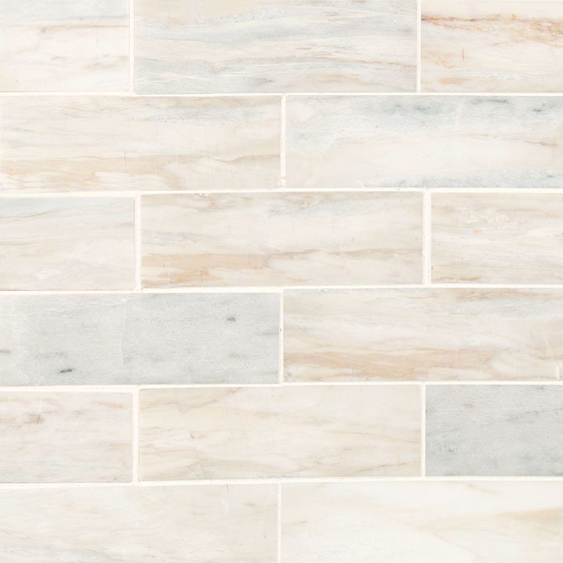 Angora 2x6 Subway Marble Mosaic in polished finish, close up sheet view