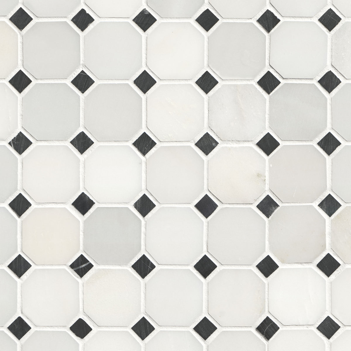 Arabescato Carrara 2" Octagon Marble Mosaic in honed finish, close up sheet view