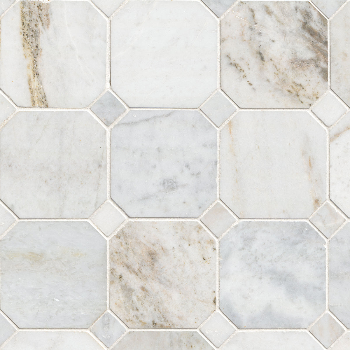 Arabescato Venato 4" Octagon Marble Mosaic in honed finish, close up sheet view