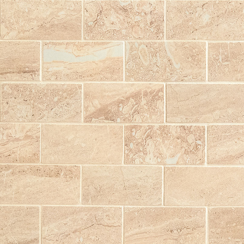 Aria Oro 2x4 Porcelain Mosaic in polished finish, close up sheet view