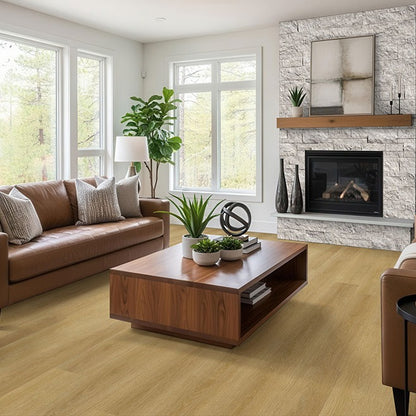 Ashton 2.0 Baystone rigid core SPC vinyl plank flooring installed in a living room