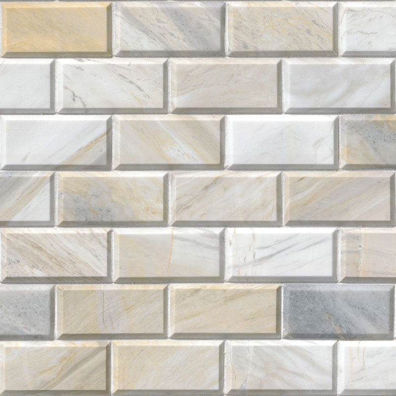 Athena Gold 2x4 Beveled Marble Mosaic in honed finish, close up sheet view