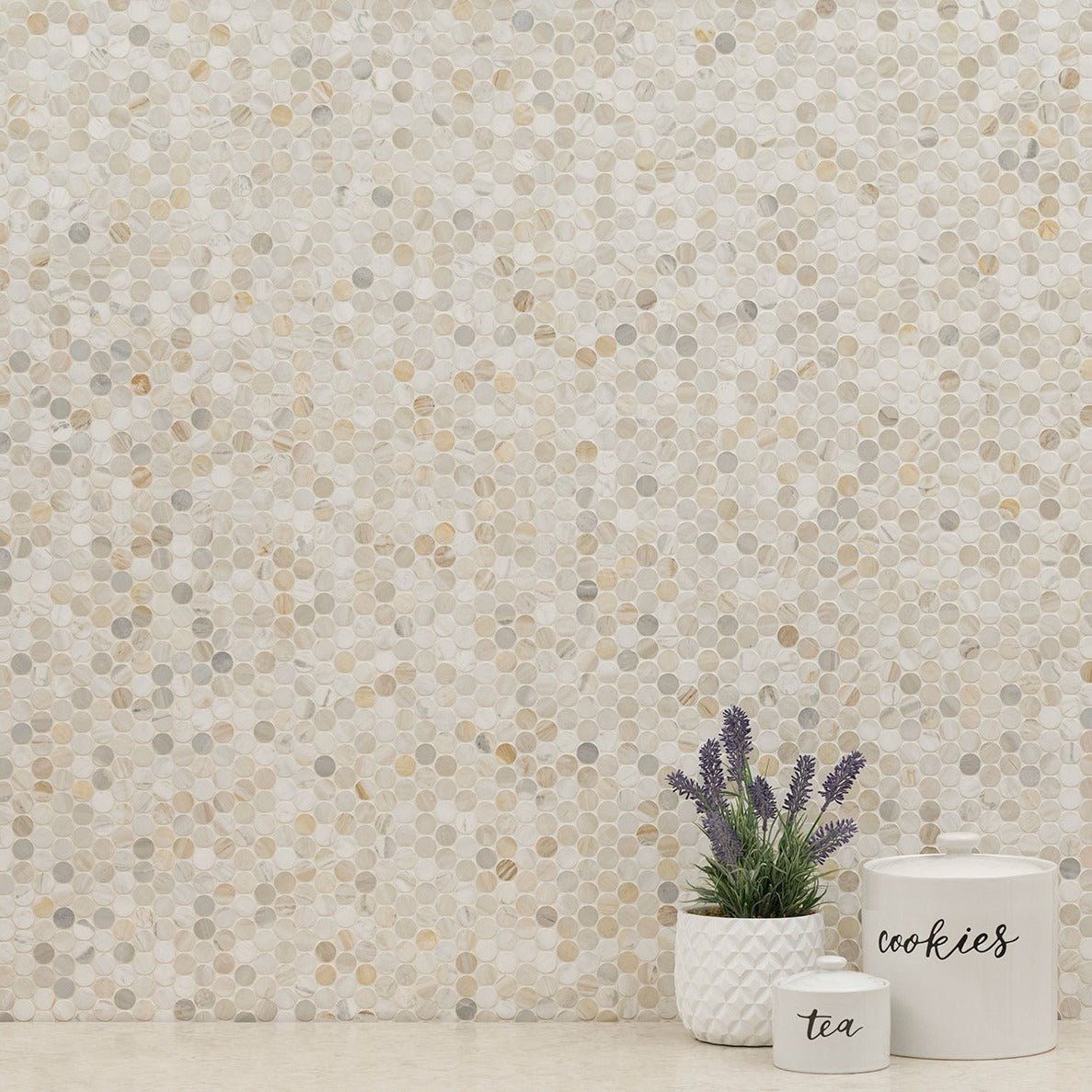 Athena Gold Penny Round Marble Mosaic installed in a finished room