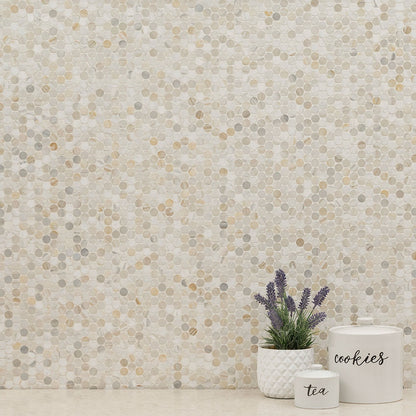 Athena Gold Penny Round Marble Mosaic installed in a finished room