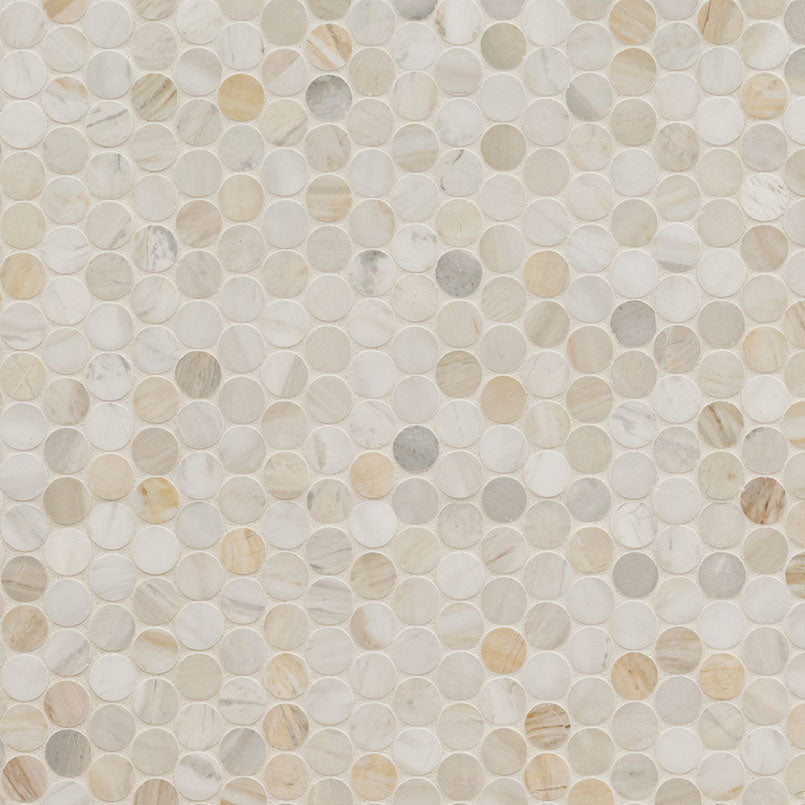 Athena Gold Penny Round Marble Mosaic in honed finish, close up sheet view