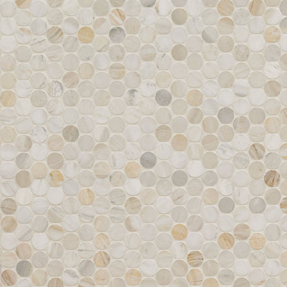 Athena Gold Penny Round Marble Mosaic in honed finish, close up sheet view
