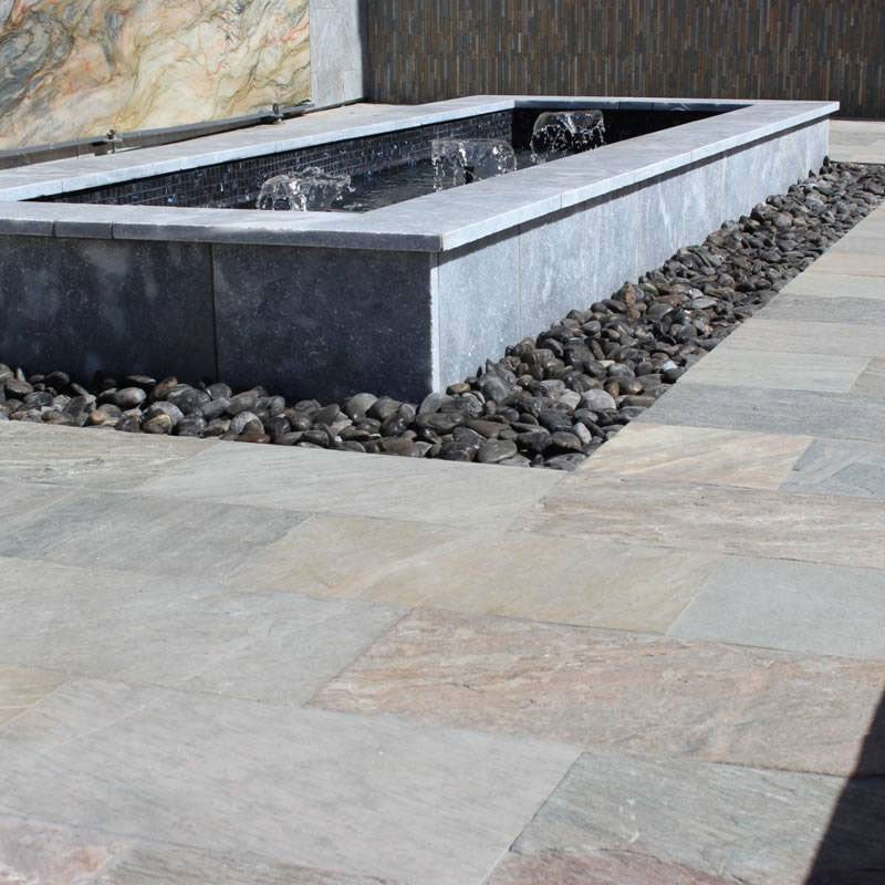Atlantic Blue Marble Pavers shown installed in a finished outdoor or living space