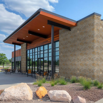 Bedford Brown Fieldstone Rockmount Stone Veneer Decorative Wall Panels shown installed in a finished outdoor or living space