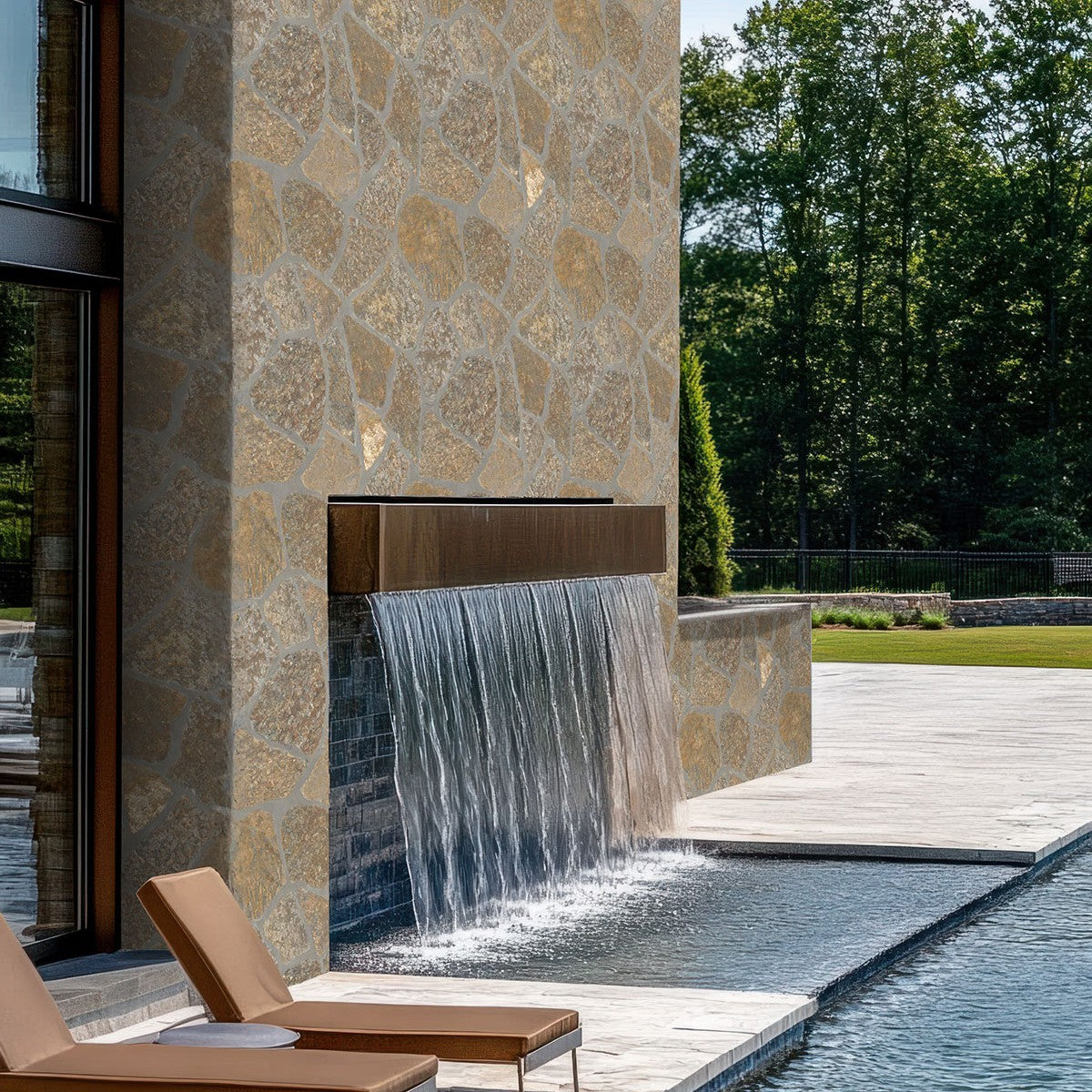 Bedford Brown Fieldstone Rockmount Stone Veneer Decorative Wall Panels shown installed in a finished outdoor or living space