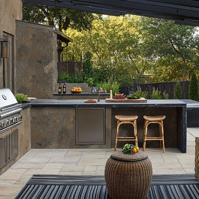Bedford Fieldstone Rockmount Stone Veneer Decorative Wall Panels shown installed in a finished outdoor or living space