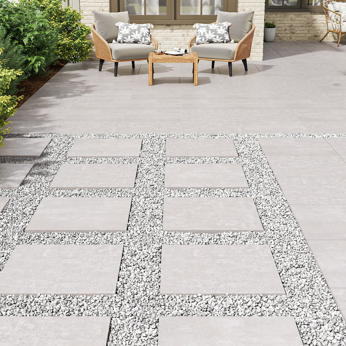 Beton Grey Arterra Porcelain Pavers shown installed in a finished outdoor or living space