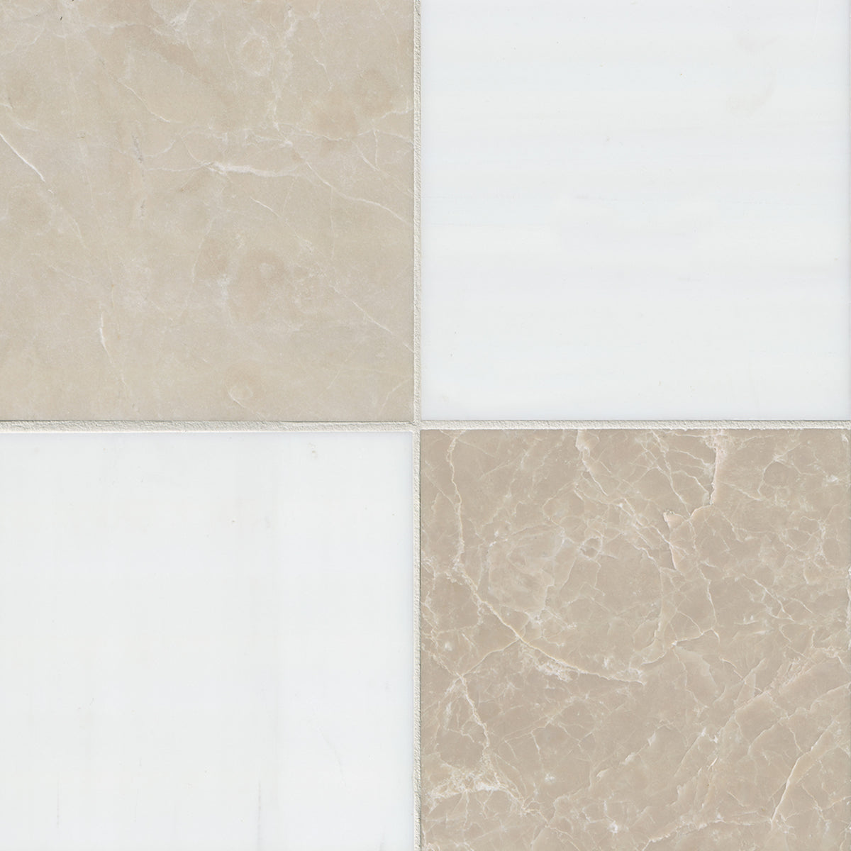 Bianco Dolomite and Beige Chex 6x6 Marble Mosaic in honed finish, close up sheet view