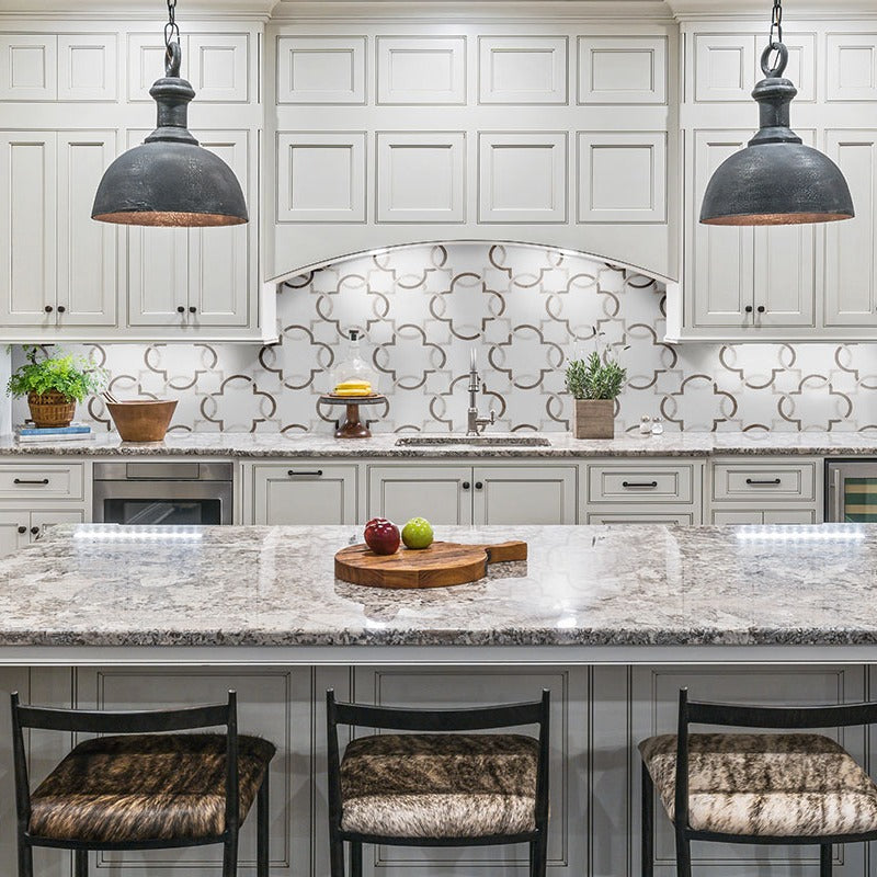 Bianco Quatrefoil Marble Mosaic installed in a finished room