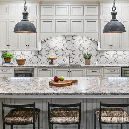 Bianco Quatrefoil Marble Mosaic installed in a finished room