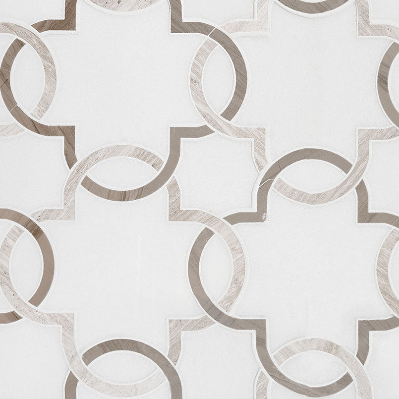 Bianco Quatrefoil Marble Mosaic in polished finish, close up sheet view