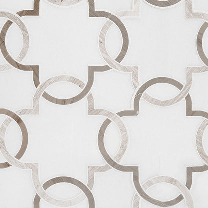Bianco Quatrefoil Marble Mosaic in polished finish, close up sheet view