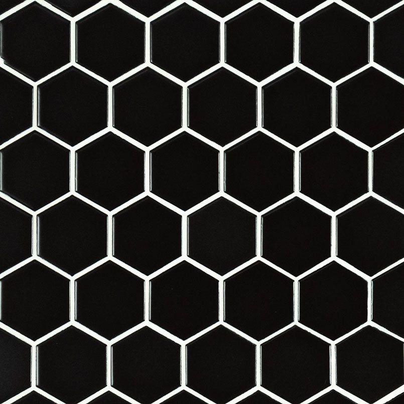 Black 2" Hexagon Porcelain Mosaic in matte finish, close up sheet view