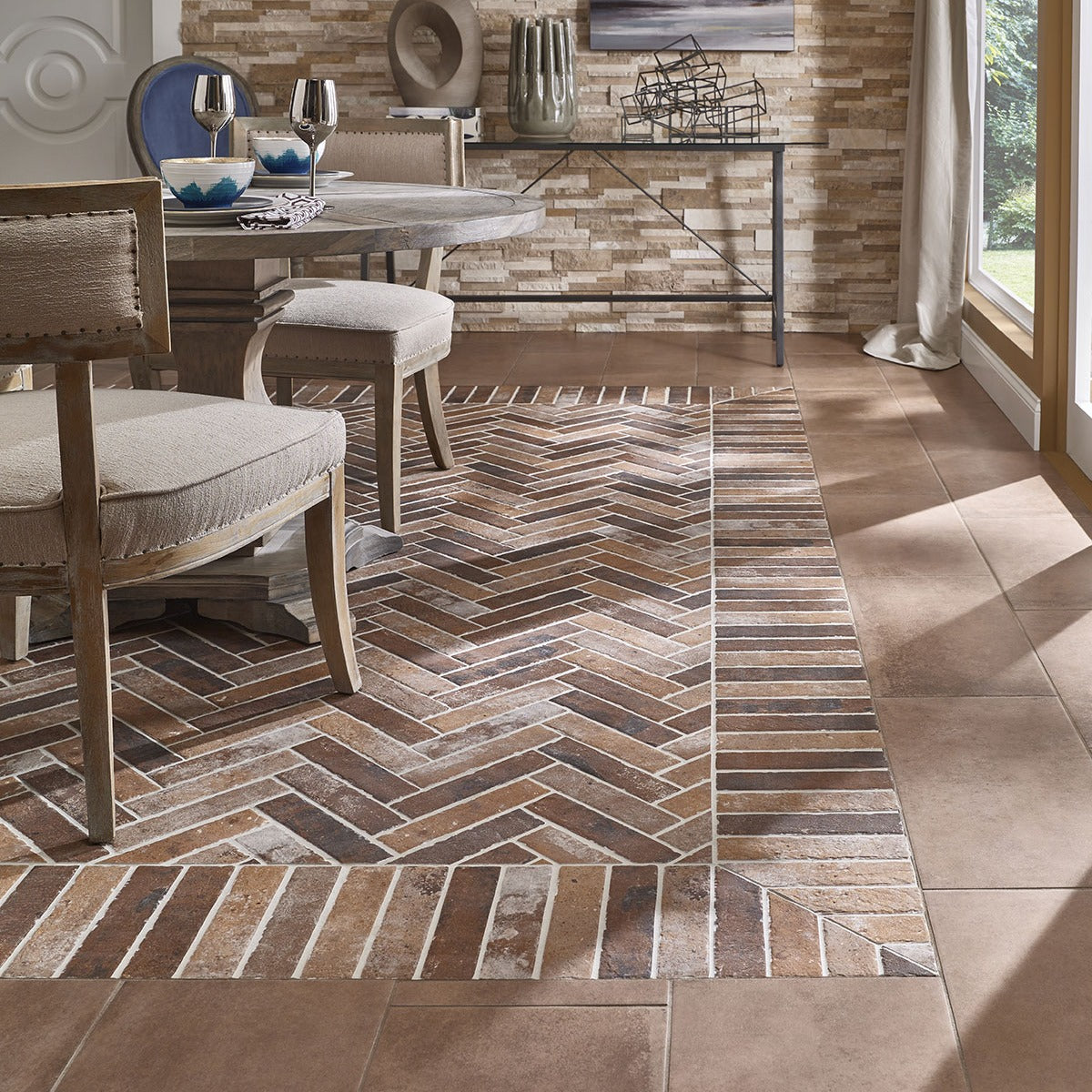 Brickstone Red porcelain tile shown in a finished room, scene 2