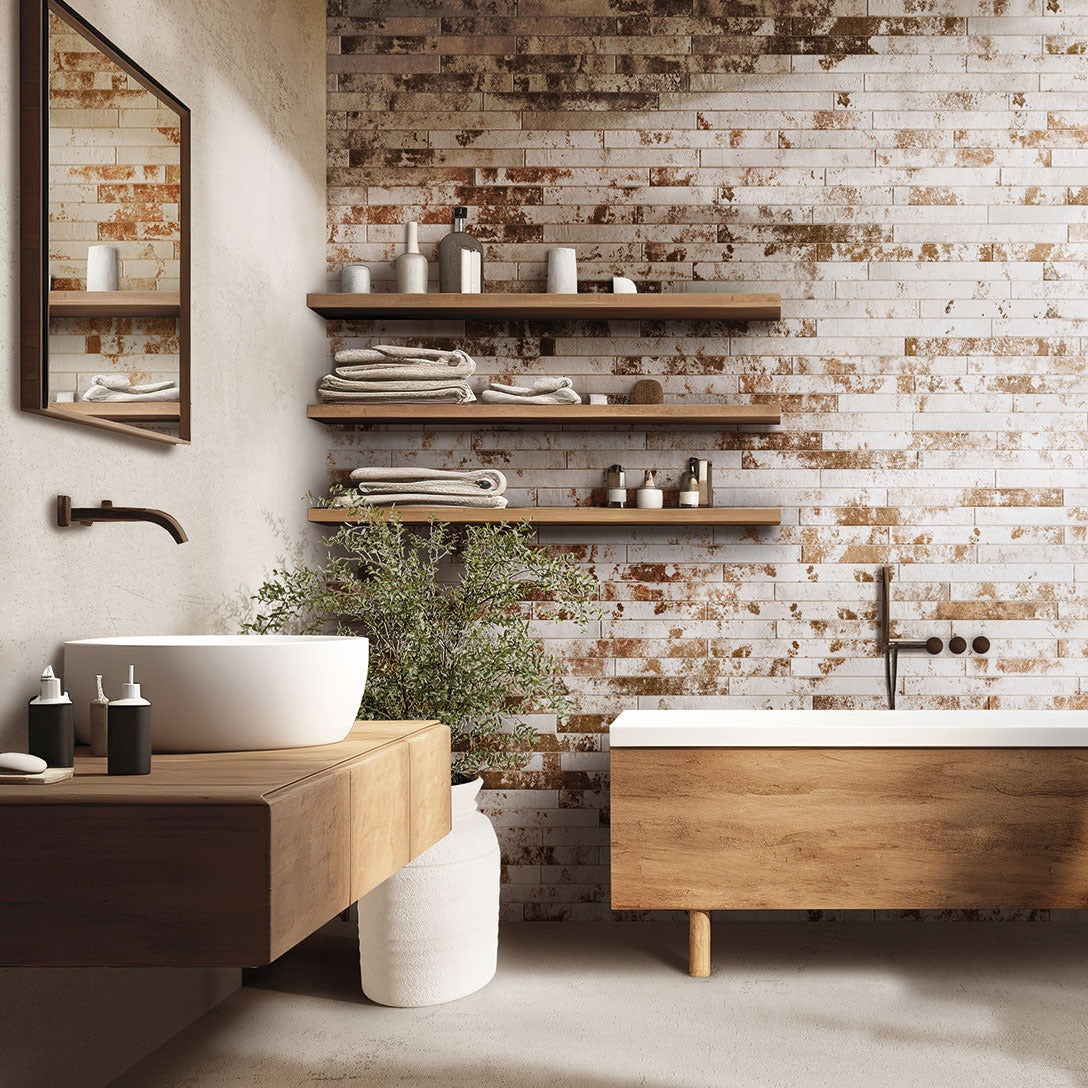 Brickstone Rustique White porcelain tile installed in a bathroom setting