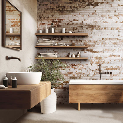 Brickstone Rustique White porcelain tile installed in a bathroom setting