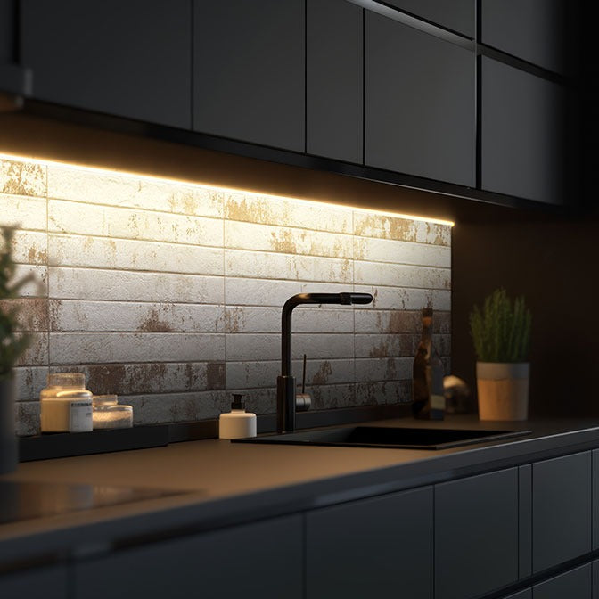Brickstone Rustique White porcelain tile installed in a kitchen setting, scene 4