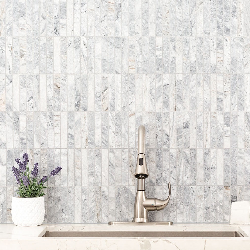 Capri Blue 1x6 Stack Pattern Marble Mosaic installed in a finished room